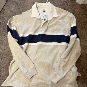 American Eagle Outfitters Beige and Navy Long Sleeve Rugby Polo
